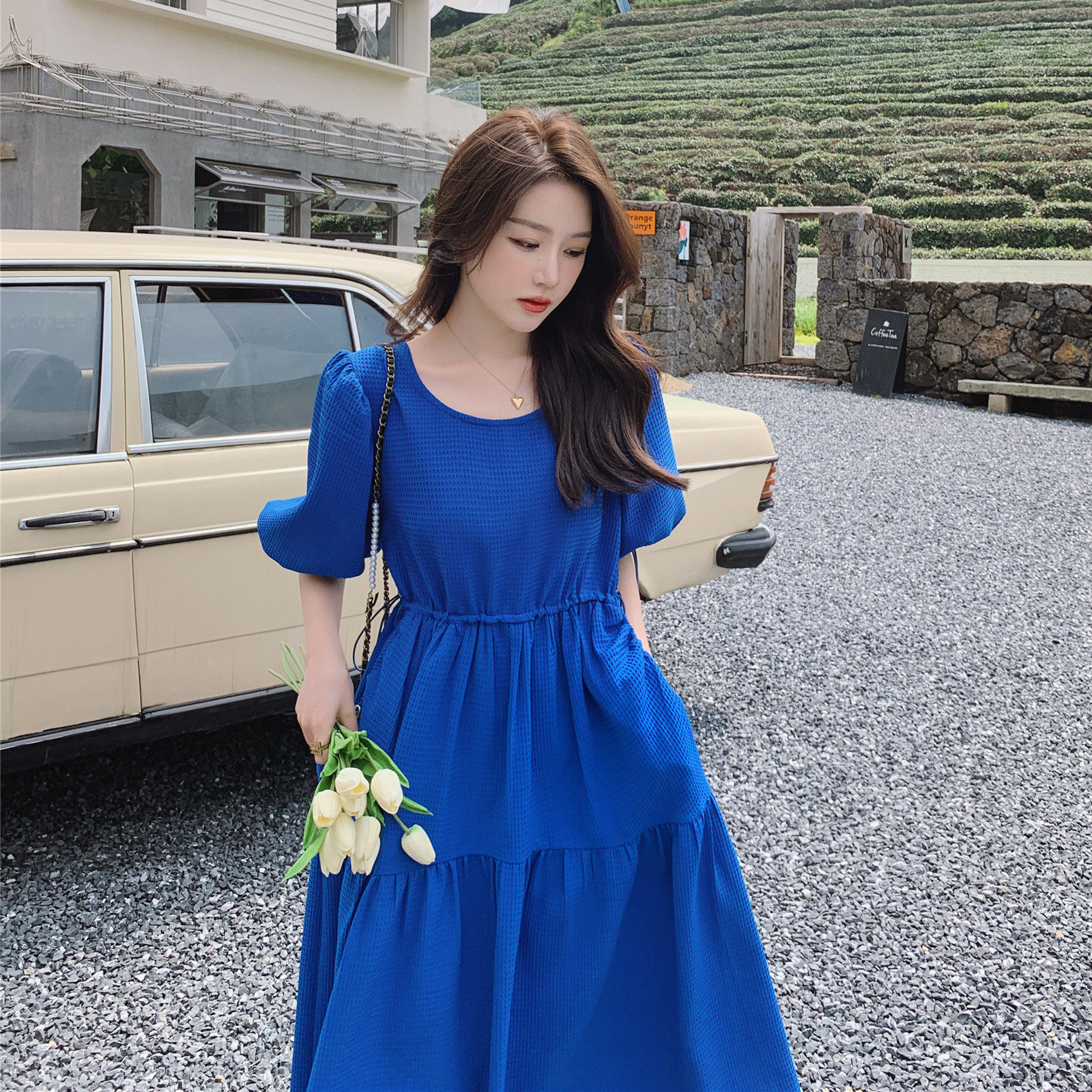 【现货]华夫格克莱因蓝连衣裙浙宝B252-2225-P110K168，女装连衣裙，浙宝252