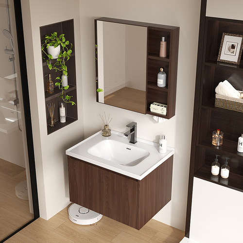 中古风胡桃木蜂窝铝浴室柜组合卫生间陶瓷一体盆洗漱台洗手洗脸池