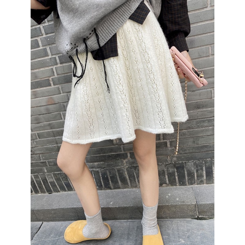 米白色镂空针织短裙半身裙女