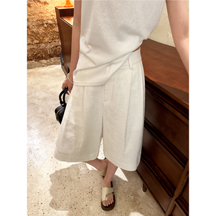 苎麻a字五分裤 小个子宽松高腰休闲中裤 子 女夏季 白色亚麻阔腿短裤