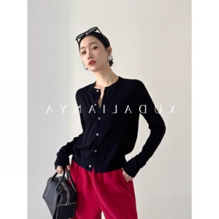 韩系宽松极简风慵懒针织开衫 外套黑色外搭显瘦毛衣上衣 女春秋薄款