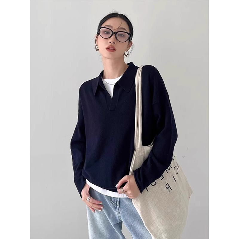 美式polo领长袖针织衫女秋冬高级感藏蓝色宽松慵懒v领老钱风上衣