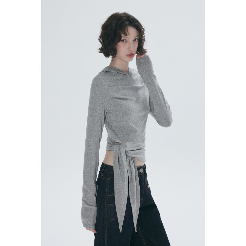 美式辣妹风绑带收腰连帽长袖T恤女秋设计感显瘦百搭正肩短款上衣