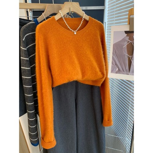 橘色马海毛套头浣熊绒毛衣女秋冬穿搭慵懒高级感圆领针织衫上衣潮
