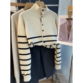 休闲松弛感单排扣毛衣外套 女秋冬季 杏色条纹高领插肩袖 毛针织开衫