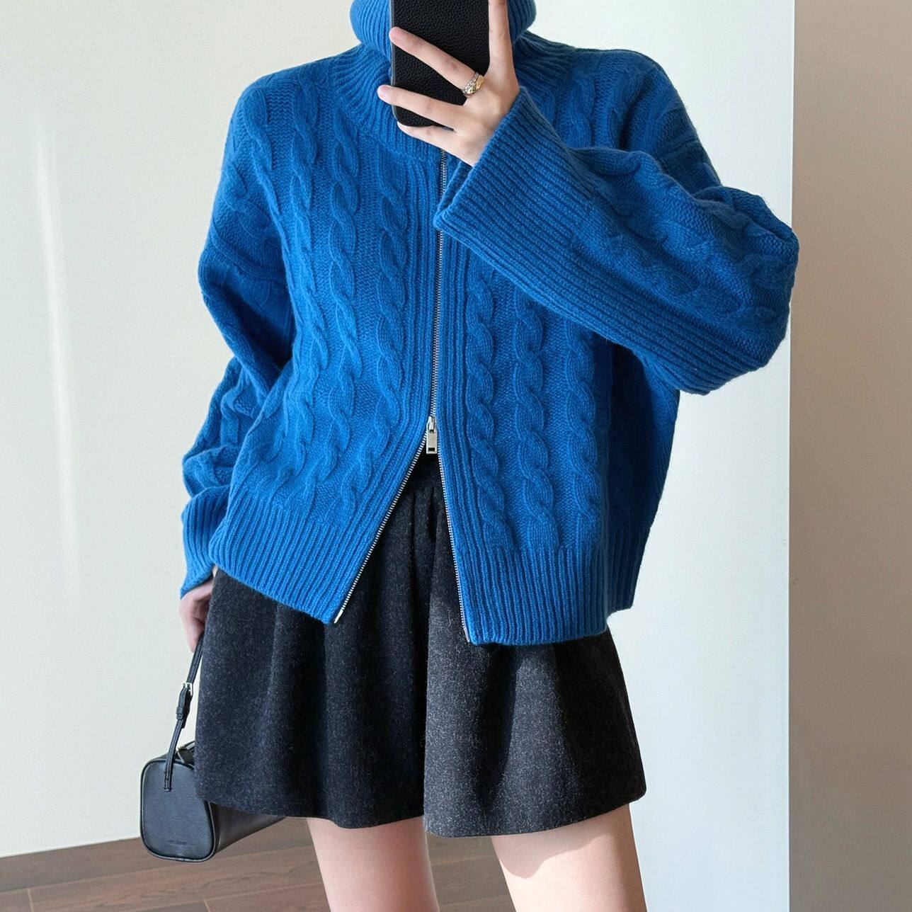 克莱因蓝麻花双拉链设计感高领宽松毛衣秋冬加厚保暖针织开衫外套