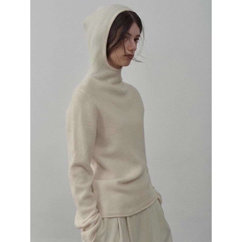 法式白色羊毛连帽打底针织衫帽衫女秋冬宽松慵懒软糯内搭毛衣上衣
