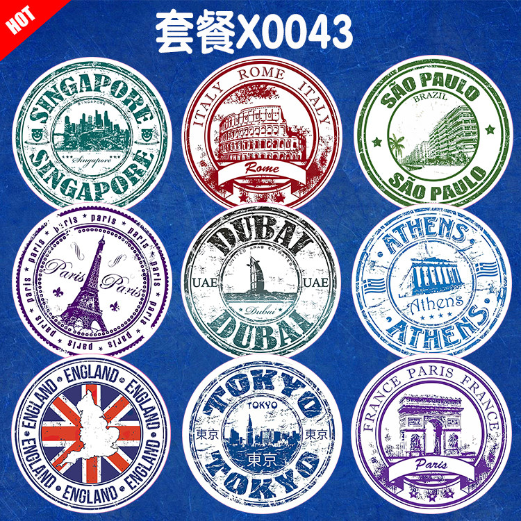 复古各国名声古迹邮戳装饰旅行箱冰箱笔记本电脑电动汽车摩托贴纸