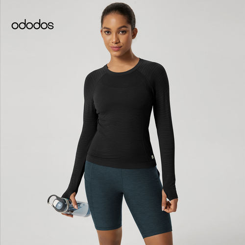 ododos 瑜伽长袖圆领运动T恤女修身显瘦黑色打底衫健身上衣训练服