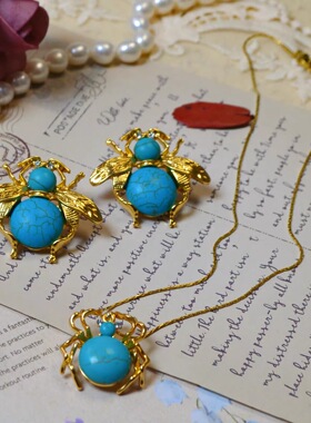 中古Vintage复古绿松石蜘蛛项链小众设计感金色锁骨链女耳环套装