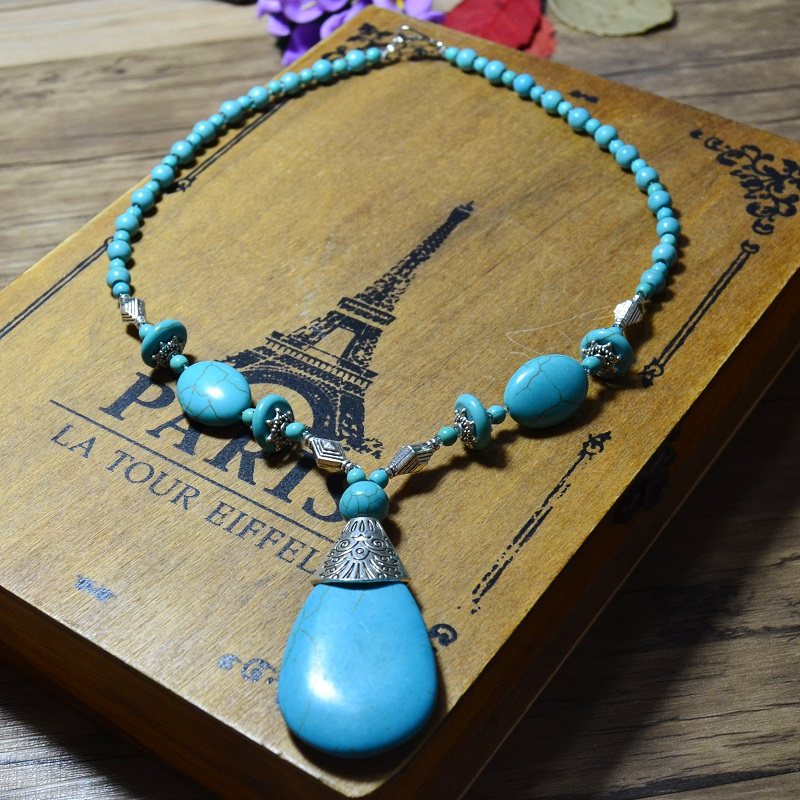 绿松石手工配饰民族风复古项链短款锁骨链 欧美吊坠毛衣链挂件女