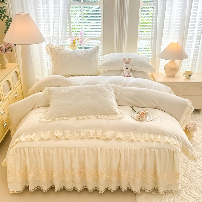 轻法风蕾丝四件套夹棉床裙纯棉床罩加厚荷叶边床品套件米白浪漫风