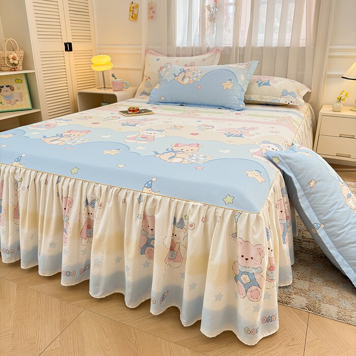 卡通韩版公主风纯棉床裙下摆遮床丑全棉床罩带裙边床单三件套四季