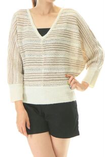 外贸v领慵懒风套头日系金丝镂空条纹毛衣针织衫罩衫套衫驼色包邮