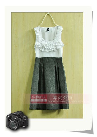 夏季连衣裙女收腰轻熟白色圆领中裙荷叶边甜美针织无袖背心裙包邮