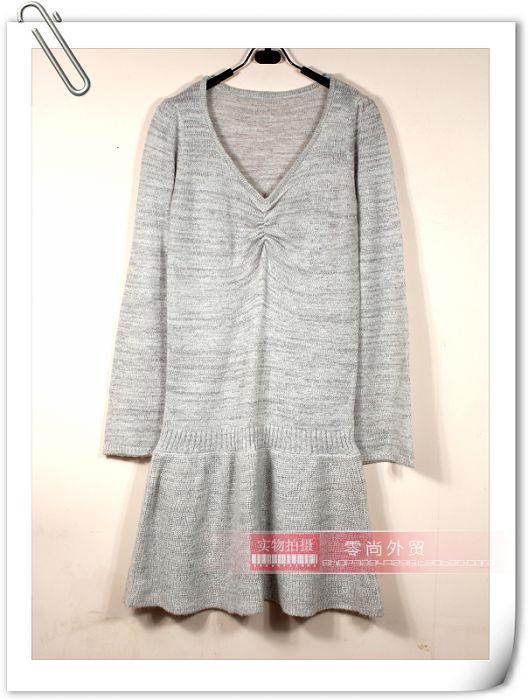 3季百搭外贸原单日系V领修身荷叶边马海毛针织连衣裙麻灰色包邮