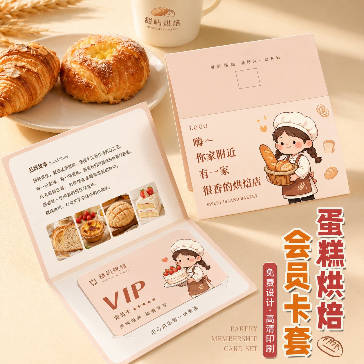蛋糕vip会员卡套定制烘焙私房购物卡PVC储蓄卡产品介绍对折卡片