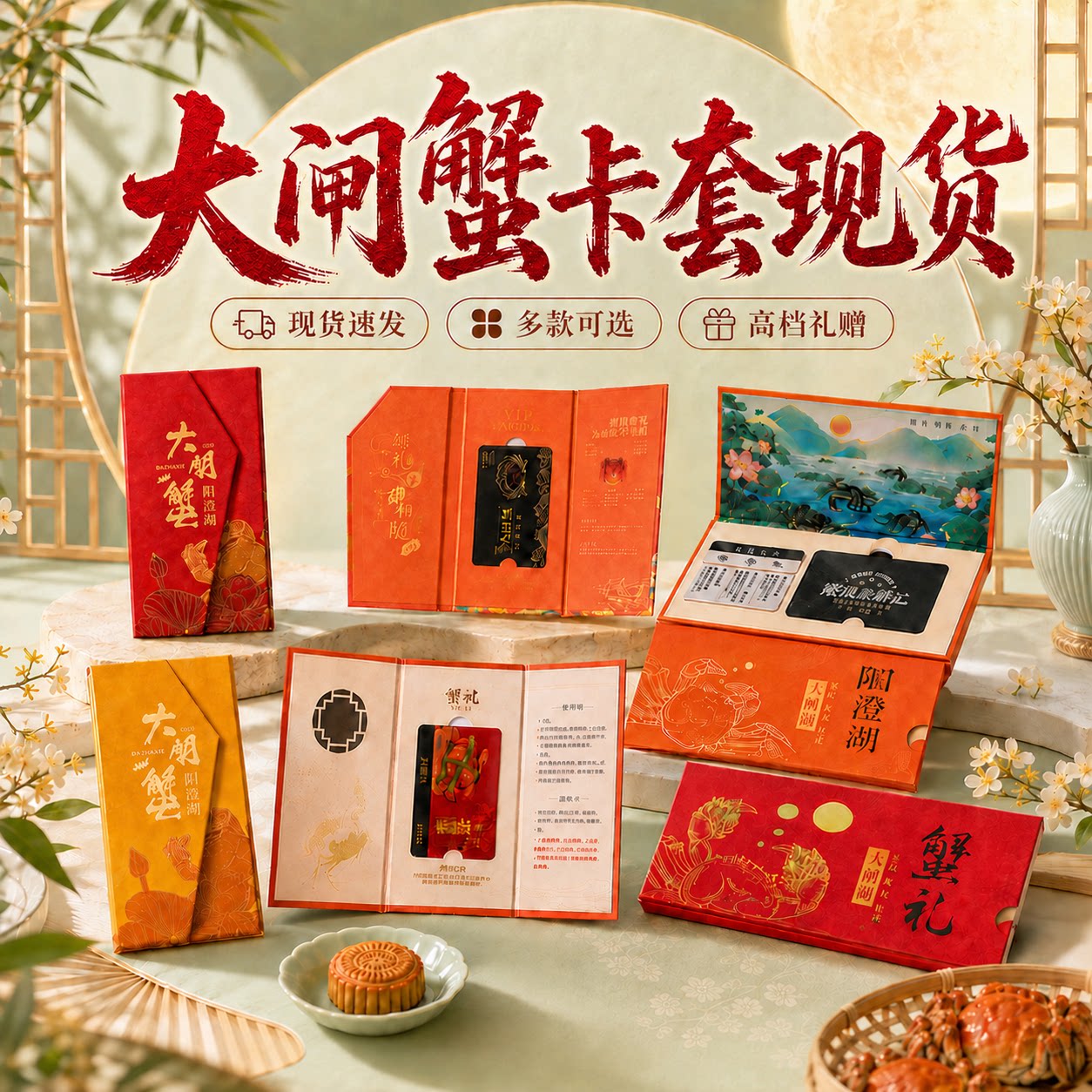现货大闸蟹卡套礼品卡提货卡系统抽拉立体三折叠高端卡套海鲜卡图片