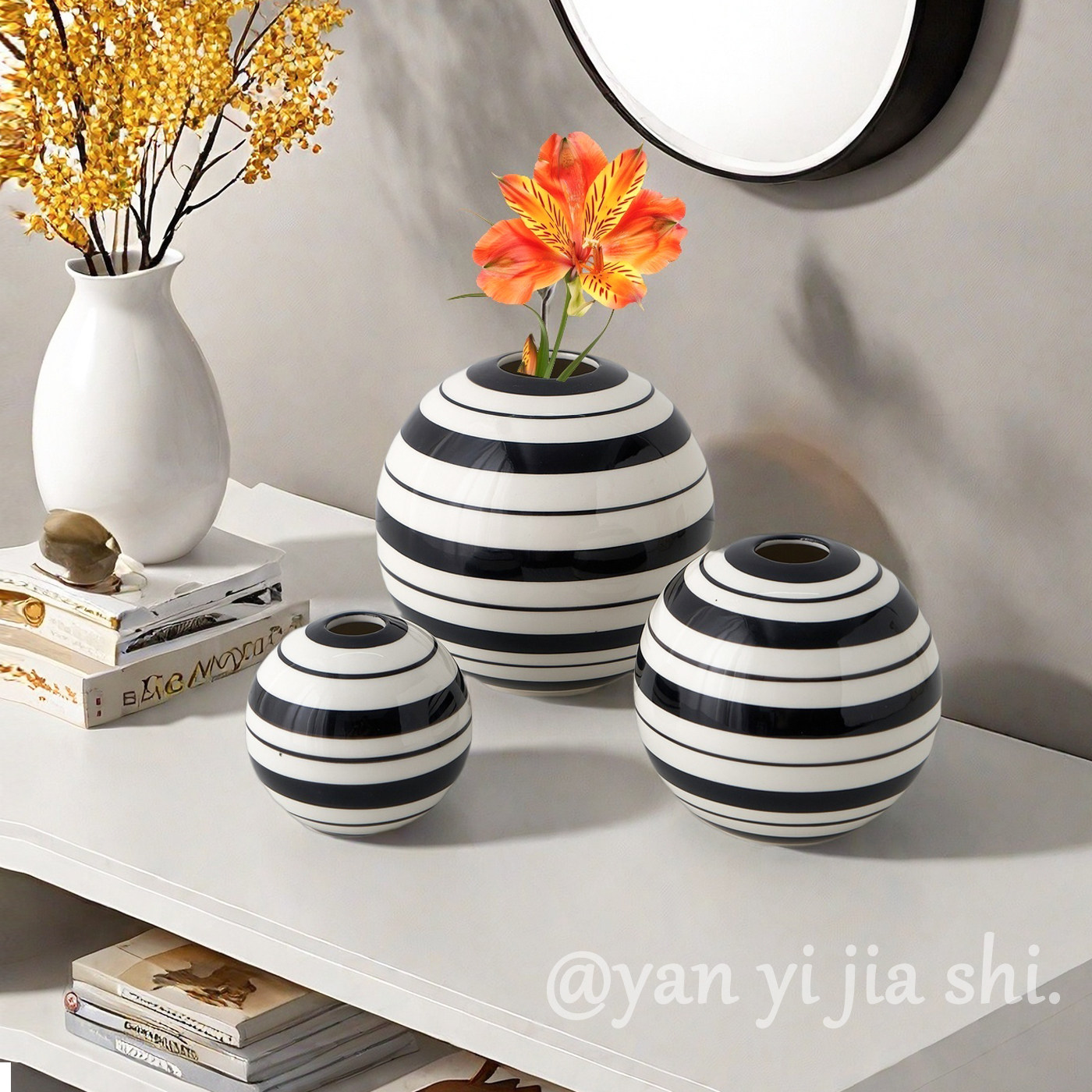 简约现代创意黑白条纹圆球陶瓷花瓶家居客厅桌面装饰摆件花器摆设,家居饰品,花瓶,淘宝优惠券,粉丝福利购,淘宝优惠卷