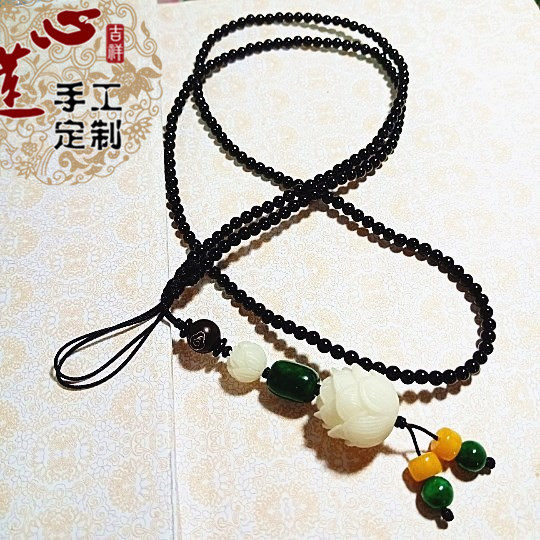 精品设计白玉菩提莲花防摔手机链套头挂脖黑玛瑙长款挂脖挂绳包邮