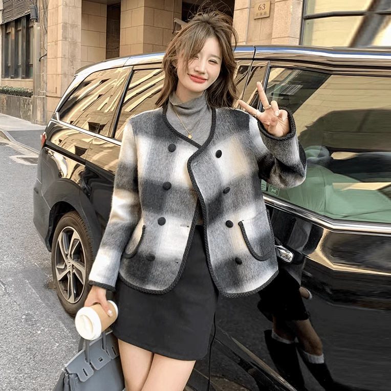 名媛小香风格子双面尼羊绒大衣女短毛呢子外套英伦风圆领双排秋冬,女装/女士精品,毛针织衫,淘宝优惠券,粉丝福利购,淘宝优惠卷