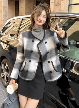 小香风羊毛呢子外套双排圆领外套