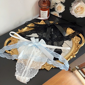 PANTIES 浅蓝性感纯欲透视低腰内裤女蝴蝶结蕾丝丁字裤纯棉档