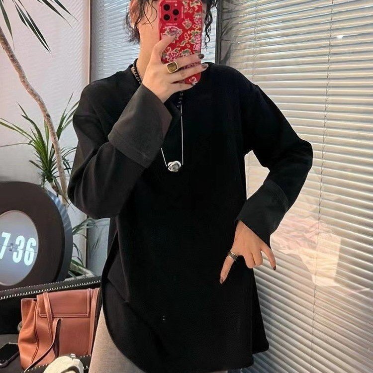 国风袖口拼接长袖T恤衫女早春开叉设计宽松显瘦休闲洋气内搭上衣