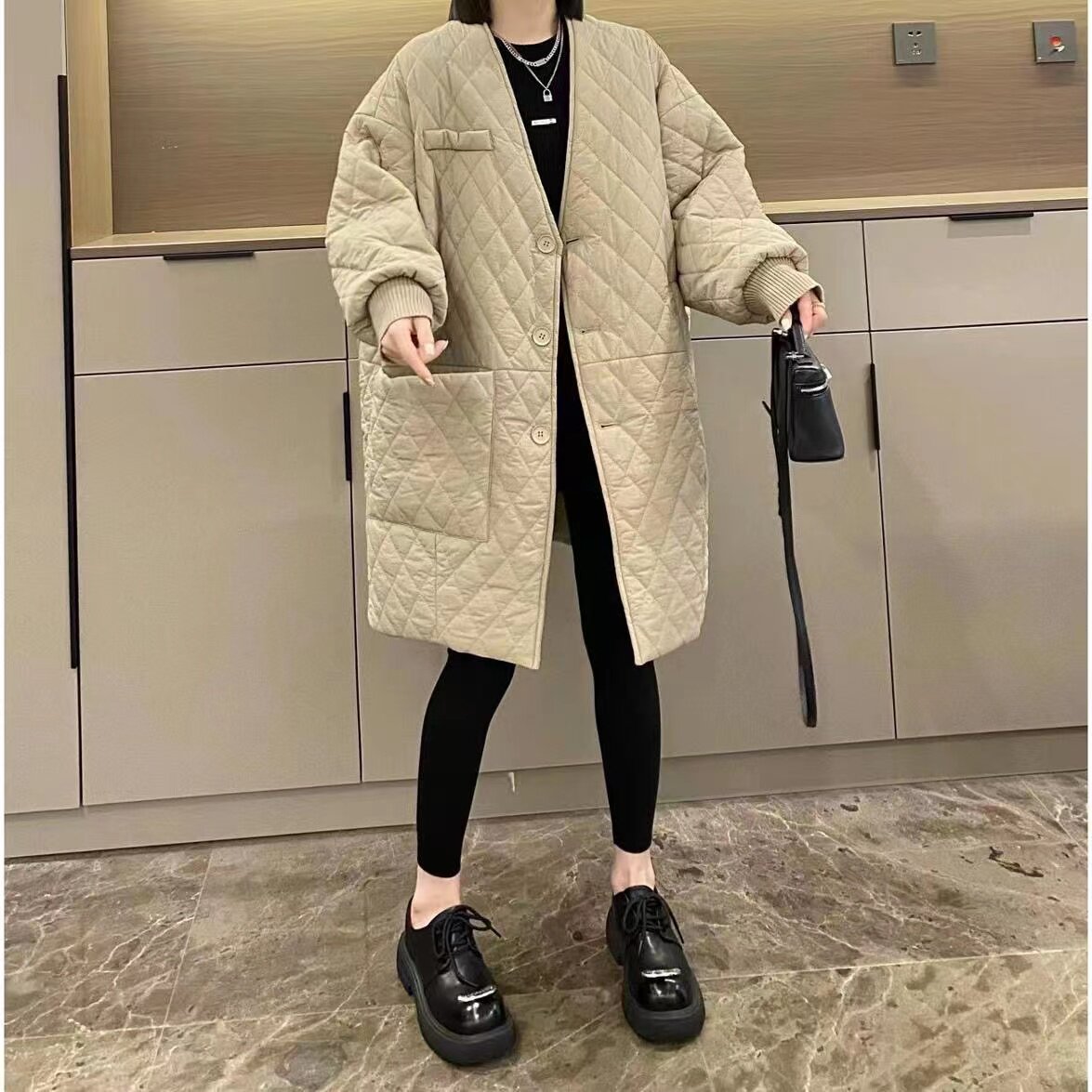 新款宽松菱形格夹棉秋冬外套女士中长款外套秋冬款中长款风衣棉衣