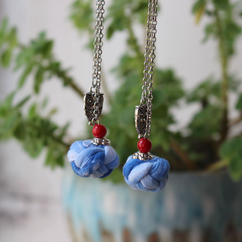 包邮新大理民族风手工蓝染布艺球球耳环女式长款吊坠925银钩首饰