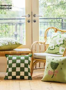 北欧ins清新绿色美式韩式法式田园花朵绣花靠背垫抱枕套沙发床头