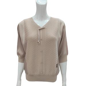 妈妈冰丝中袖T恤洋气V领雪纺针织拼接上衣2024秋季中老年大码女装