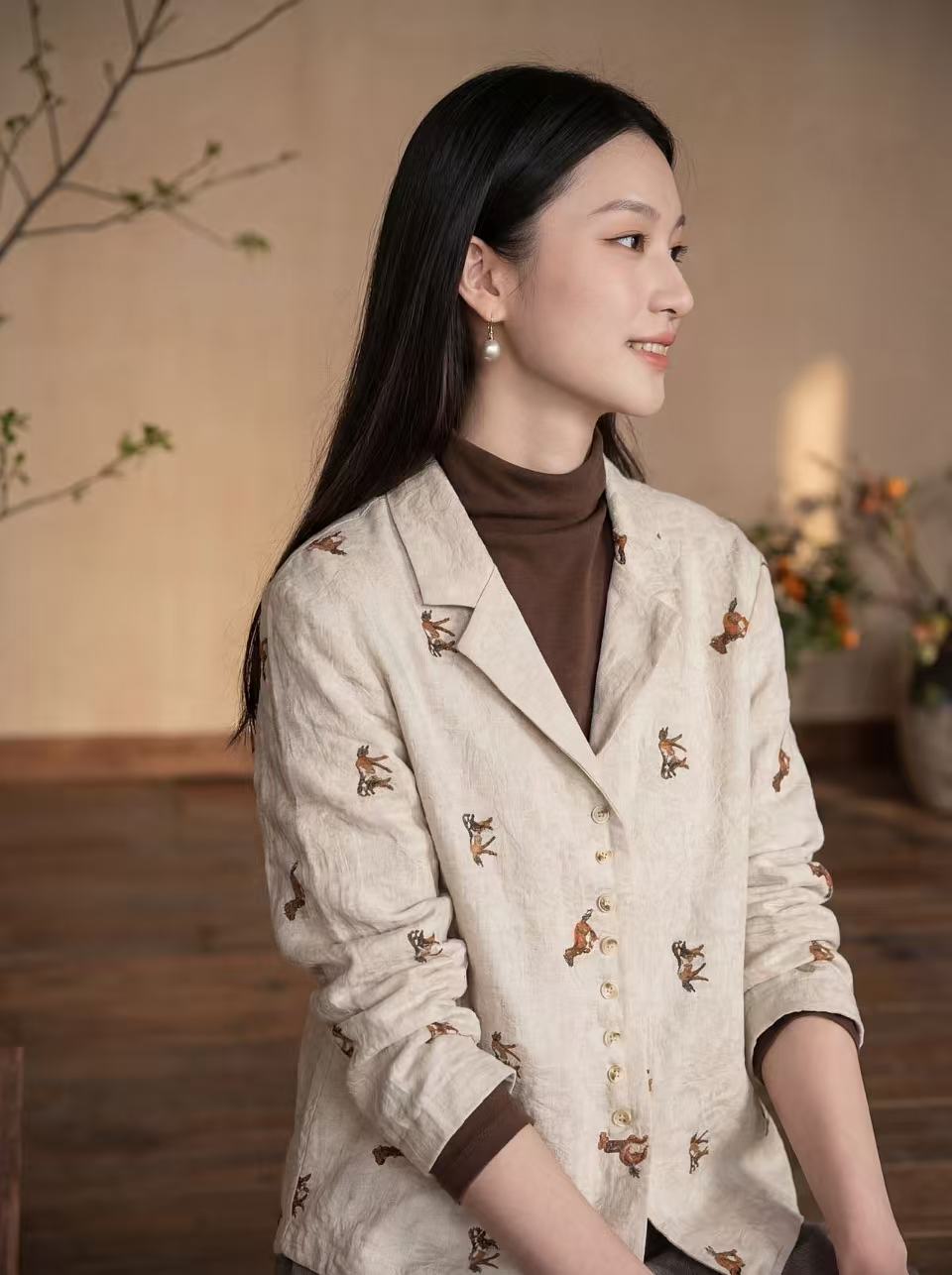 REHAI 小马刺绣-舒适提花亚麻棉刺绣上衣简约直筒裤/休闲西装衬衫