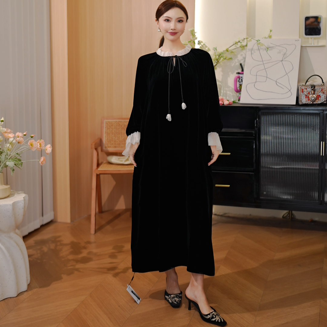 【DuShang】花朵系~秋冬法式风气质时尚洋气真丝丝绒长裙DS2556