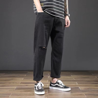 潮牌ins破洞九分牛仔裤男