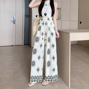 女度假风复古印花休闲裤 2025新款 碎花阔腿裤 夏季 高腰冰丝棉麻 薄款