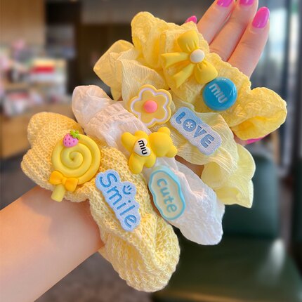 甜美少女黄色大肠发圈可爱花朵小熊发绳森系蝴蝶结头绳可爱发饰品