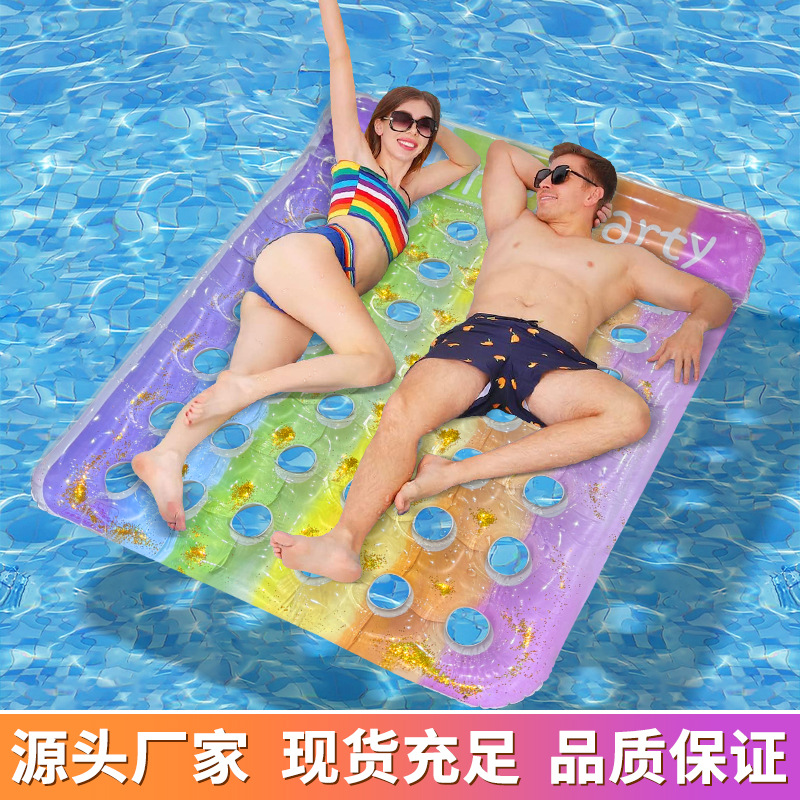 新品水上运动环保加厚PVC充气浮床圆孔亮片渐变彩虹双人浮排