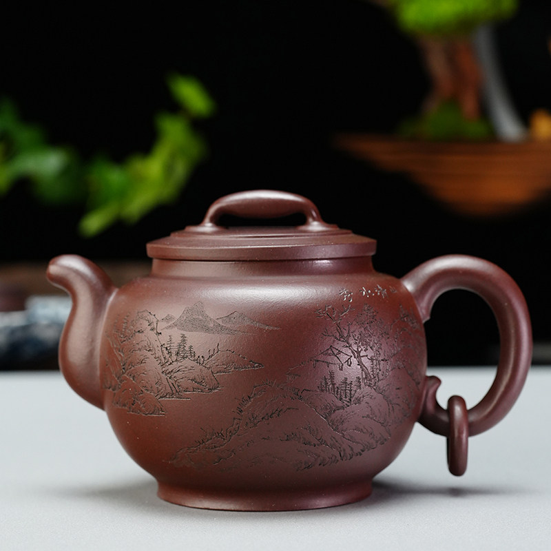 子冶320cc圈钮壶刻刻画字原矿老紫泥宜兴紫砂壶名家纯手工茶具套