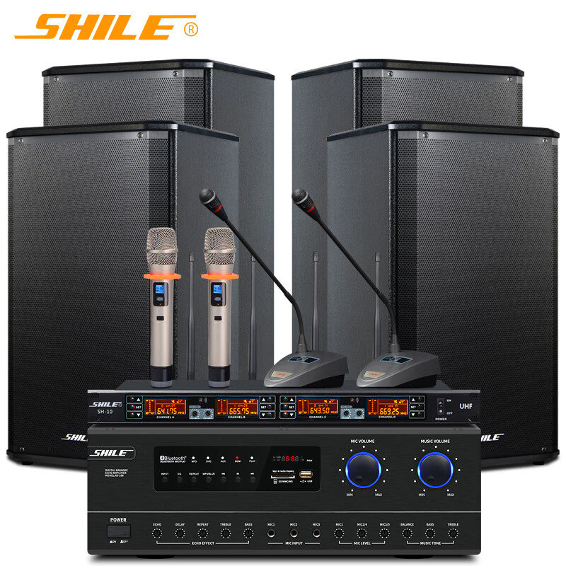 狮乐音响组合套装 蓝牙功放音箱无线话筒 AV108+108黑*4+SH10