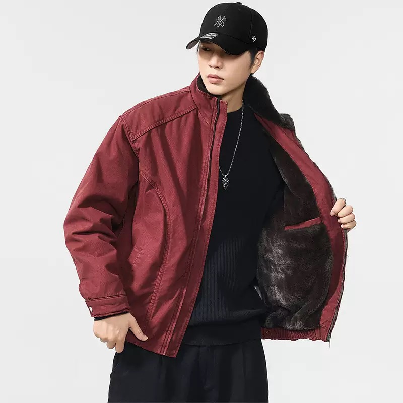 2025硬汉风美式高街加绒加厚立领棉服微宽松拉链高级感男轻奢外套