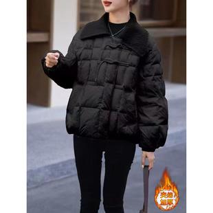 今年流行新中式国风盘扣羽绒棉服女冬季新款针织翻领短款加厚外套