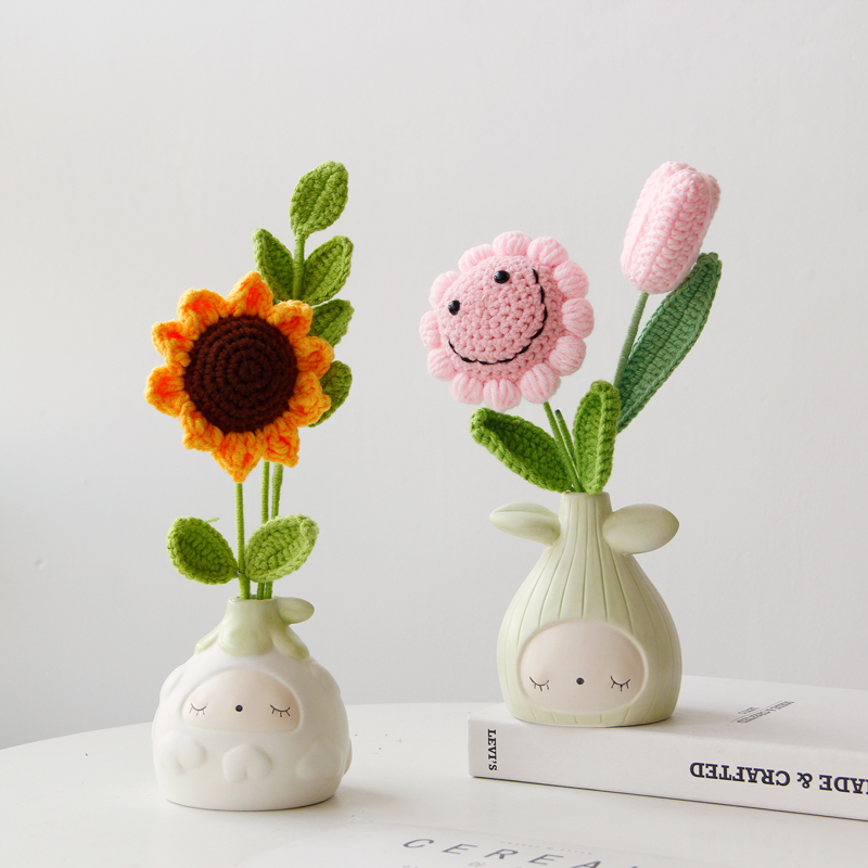 创意向日葵郁金香编织仿真花盆栽摆件客厅卧室餐厅桌面假花摆设