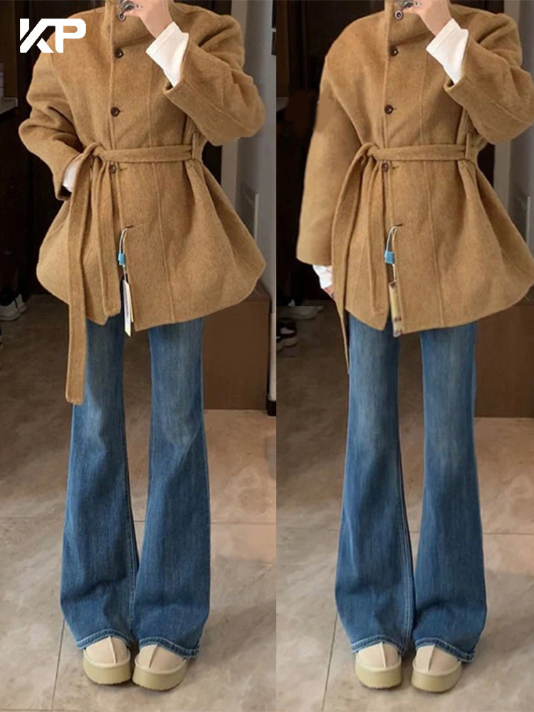 Elastic flared jeans for women, autumn and winter plush, 2025 high waist, slim fit, loose straight, suitable for petite, floor sweeping flared pants