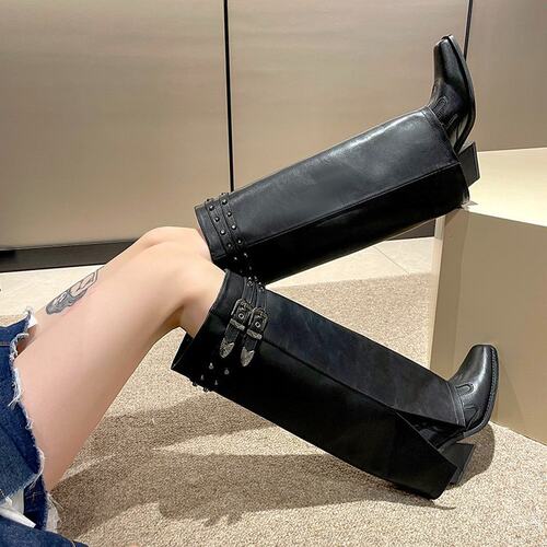 胖mm大筒围黑色厚底长筒靴时装靴women long boots fshion boots
