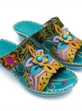 women wedge slippers national sandals 大码43民族坡跟图腾拖鞋