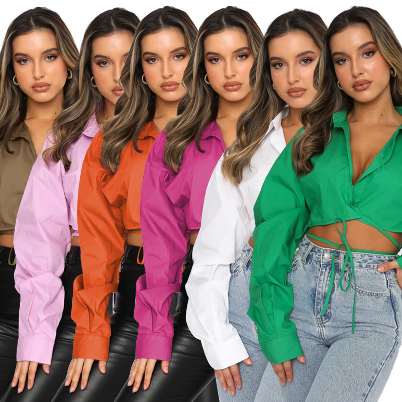 Long sleeved loose women's cardigan tie collar shirt top
