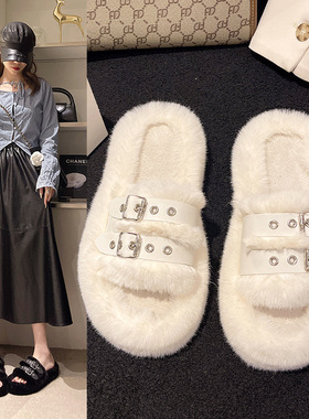 Autumn and winter women's belt buckle thick soled slippers