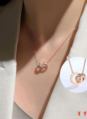 不掉色玫瑰金色项链女潮罗马数字双环吊坠颈链小众设计感锁骨链
