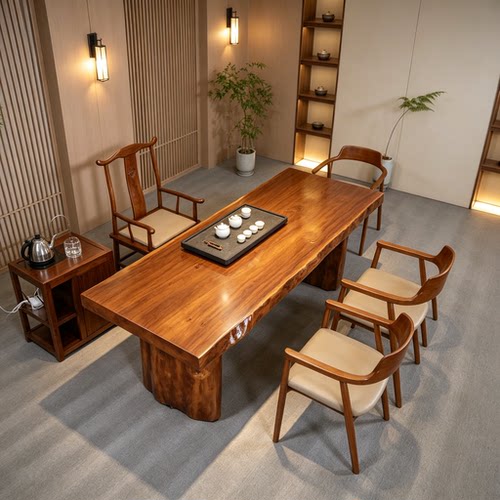 整板实木茶桌椅组合现代简约大板原木茶台办公喝茶老板泡茶桌